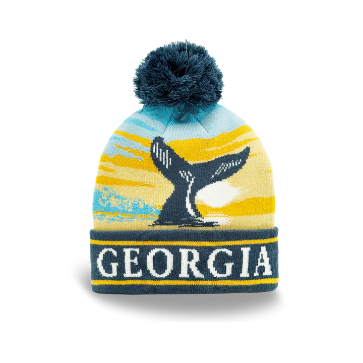 Georgia Whale Tail Sunset Knit Beanie with Coastal Scenery