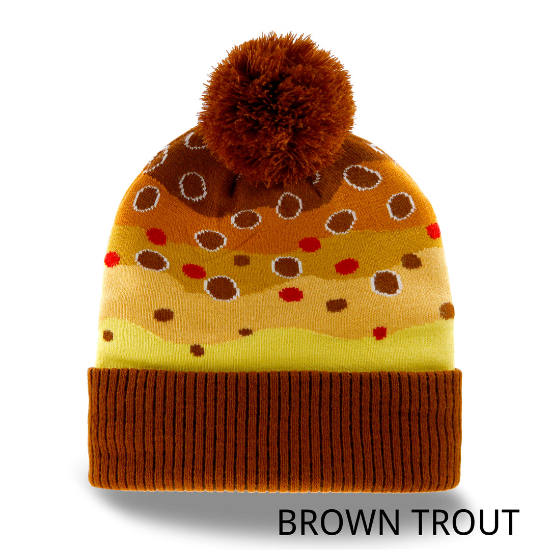 Trout Pattern Knit Beanie Hat with Pom | Speckled Fishing Outdoor Ribbed Cuffed Winter Cap