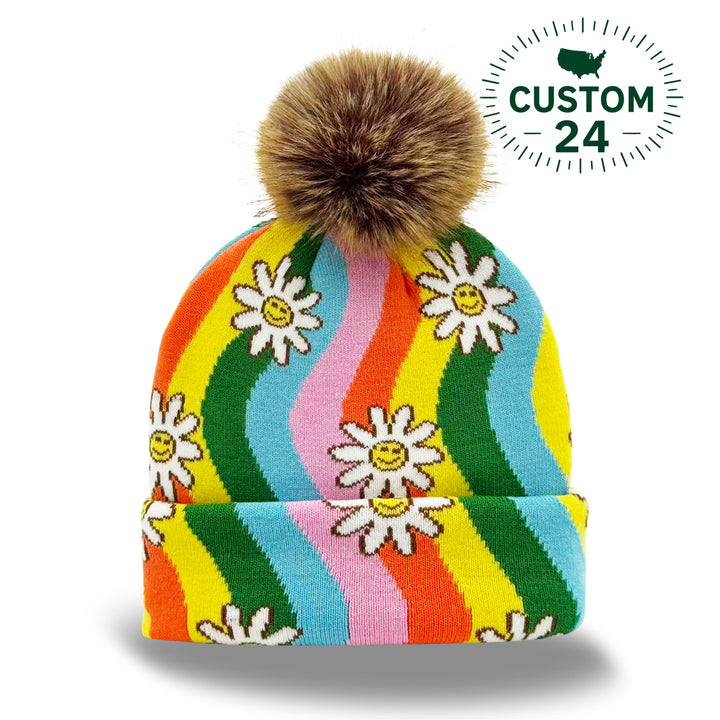 Rainbow Knit Pom Beanie – Smiley Daisy Flower Pattern Colorful Winter Hat