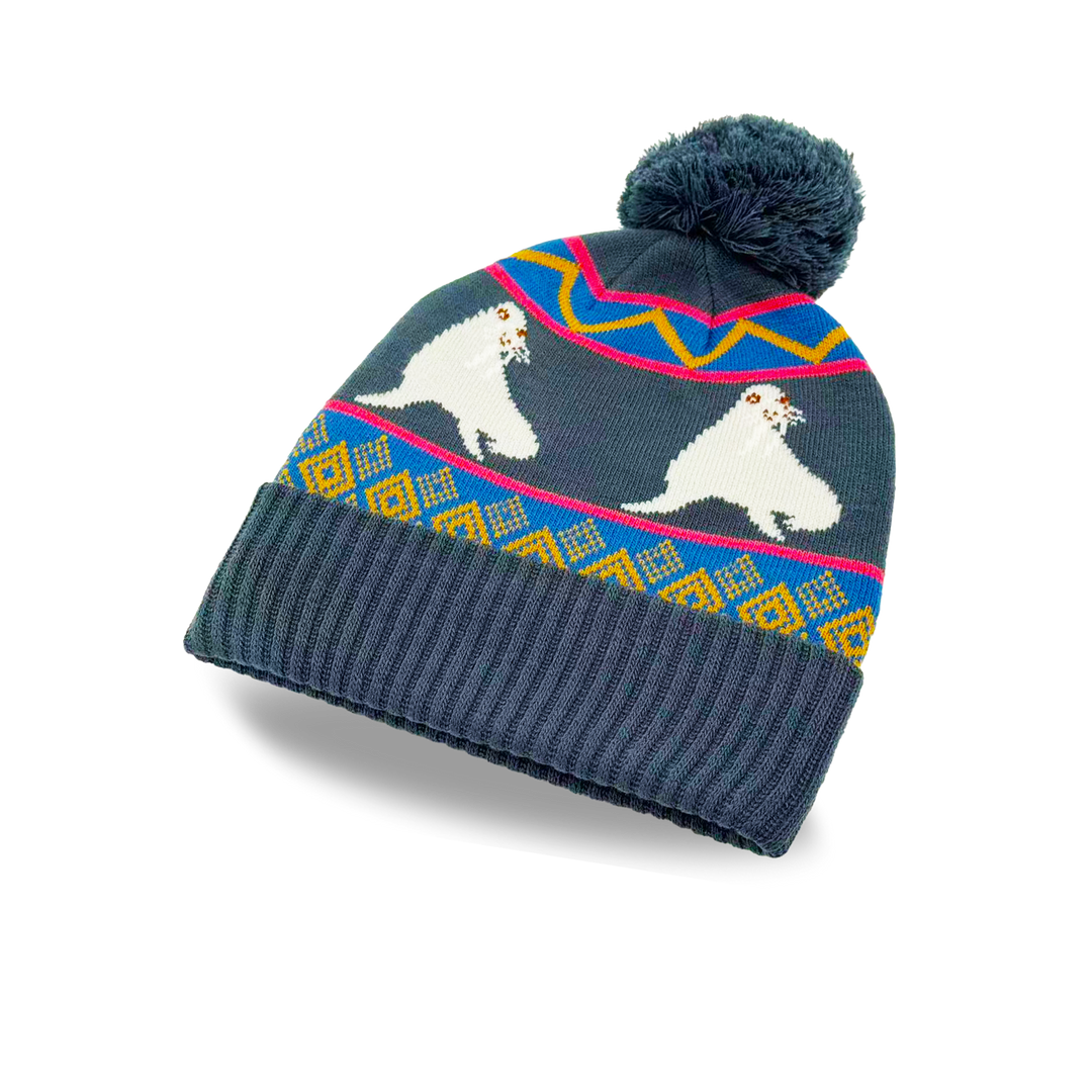 Walrus Winter Knit Beanie with Nordic Pattern Cozy Pom Pom Hat