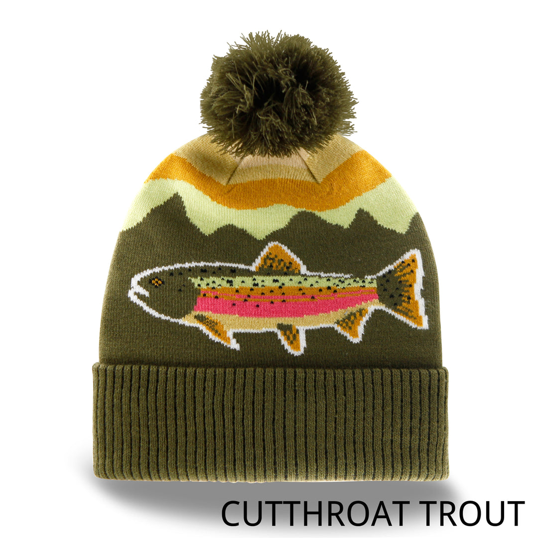 Rainbow Trout Knit Beanie Hat with Pom | Outdoor Fishing Mountain Winter Ribbed Cuffed Cap