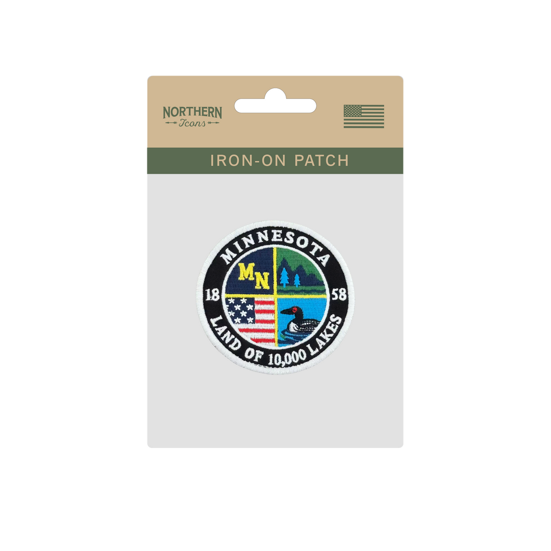 Minnesota Land of 10,000 Lakes Embroidered Round Patch with Loon and Forest Design