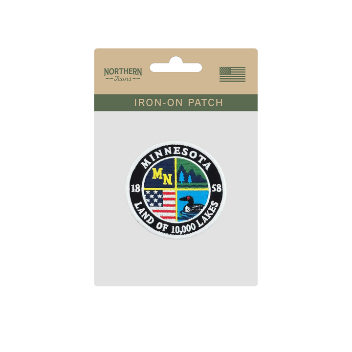 Minnesota Land of 10,000 Lakes Embroidered Round Patch with Loon and Forest Design