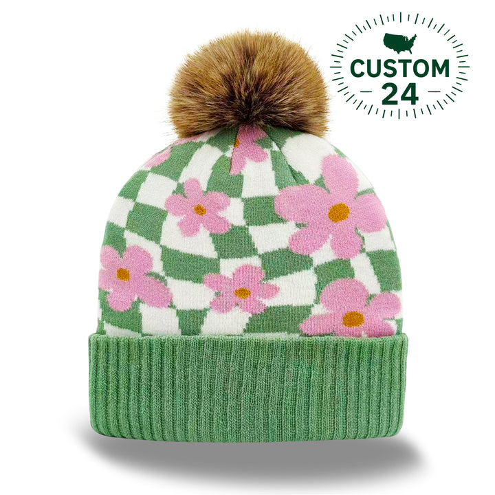 Green Knit Pom Beanie – Retro Pink Flower Checkerboard Pattern Warm Winter Hat