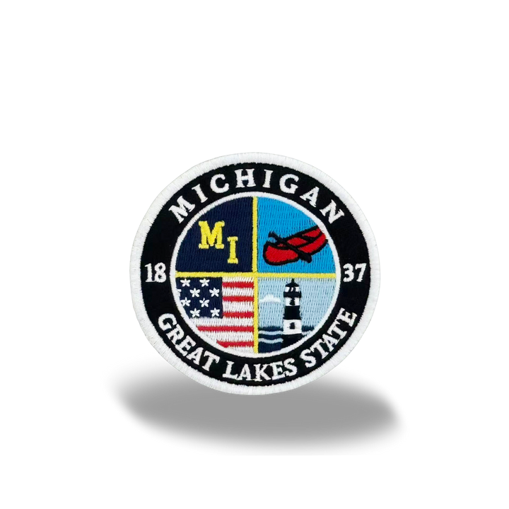 Michigan Great Lakes State Embroidered Round Patch with Lighthouse and Fish Design