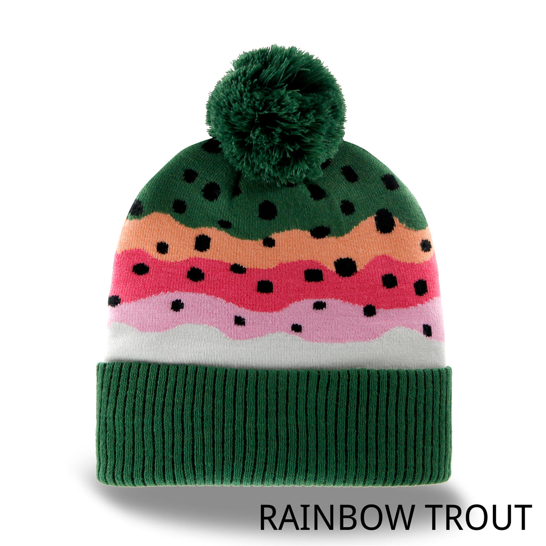 Trout Pattern Knit Beanie Hat with Pom | Speckled Fishing Outdoor Ribbed Cuffed Winter Cap