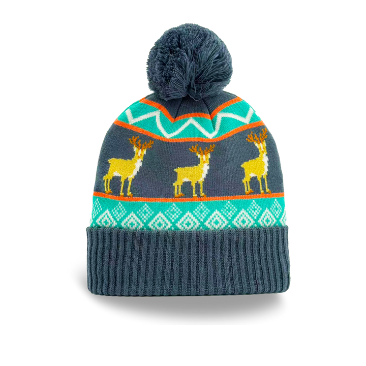 Deer Winter Knit Beanie with Nordic Pattern Cozy Pom Pom Hat