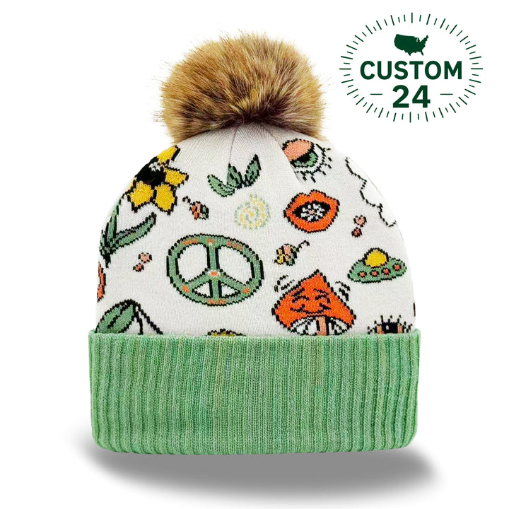 White Knit Pom Beanie – Retro Peace Sign Flower Mushroom Pattern Warm Winter Hat