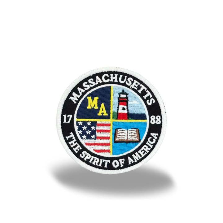 Massachusetts Spirit of America Embroidered Round Patch with Lighthouse and Book Design