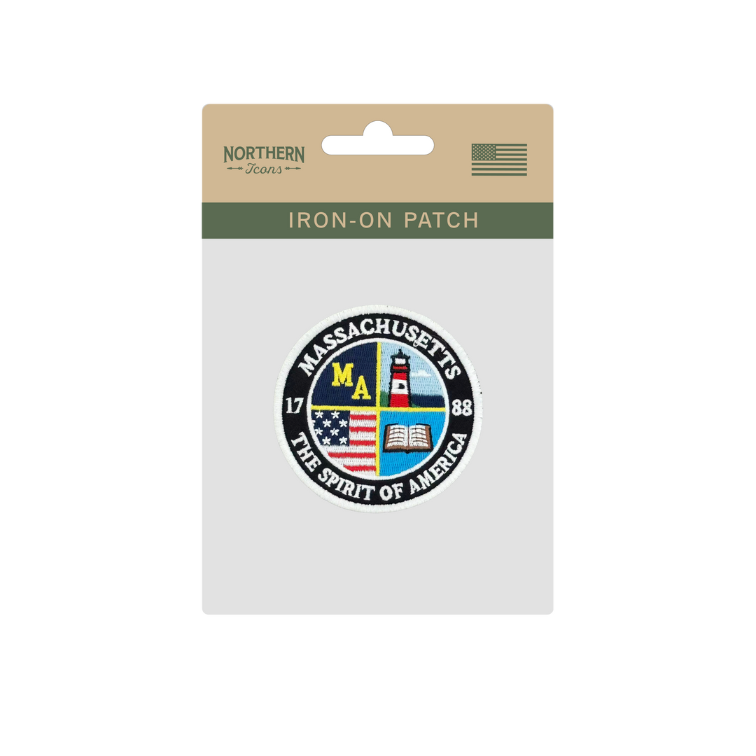 Massachusetts Spirit of America Embroidered Round Patch with Lighthouse and Book Design