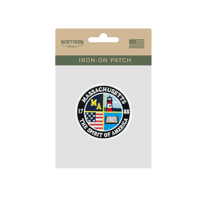 Massachusetts Spirit of America Embroidered Round Patch with Lighthouse and Book Design