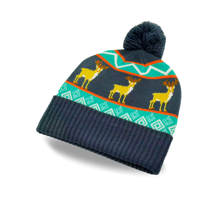 Deer Winter Knit Beanie with Nordic Pattern Cozy Pom Pom Hat