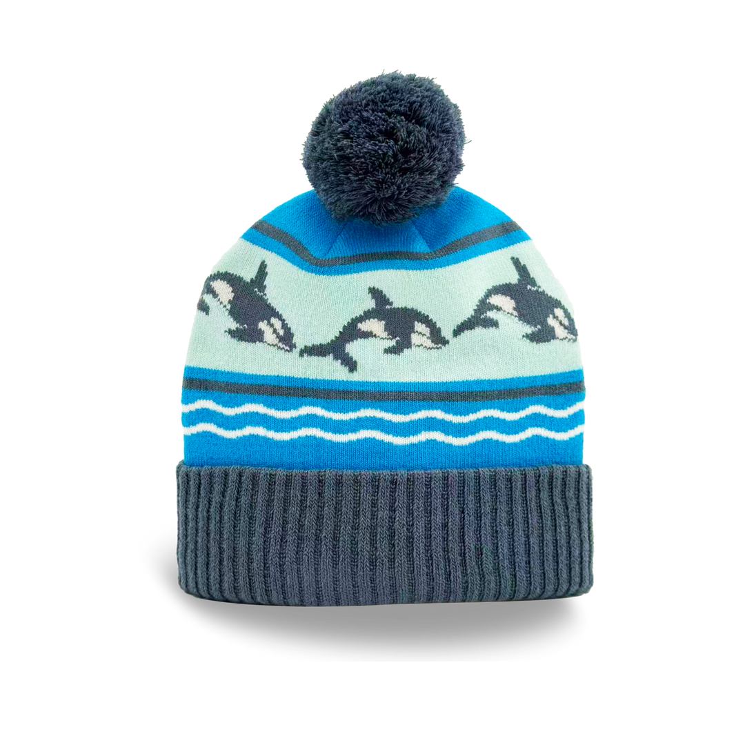 Orca Ocean Waves Knit Beanie with Jumping Whale Pattern