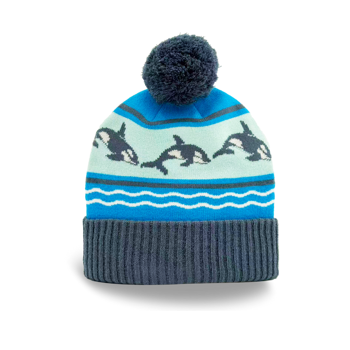 Orca Ocean Waves Knit Beanie with Jumping Whale Pattern