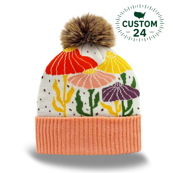 Colorful Floral Knit Beanie with Artistic Pattern Cozy Pom Pom Hat