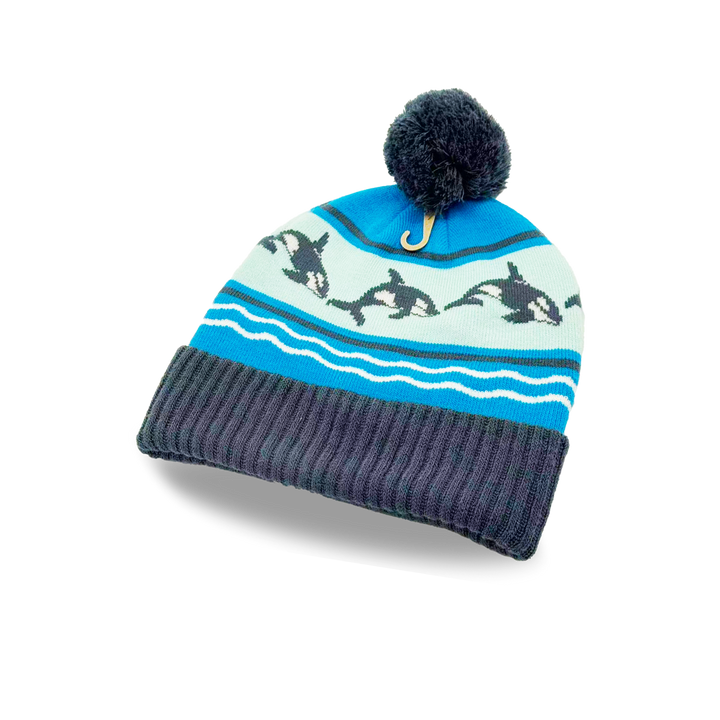 Orca Ocean Waves Knit Beanie with Jumping Whale Pattern