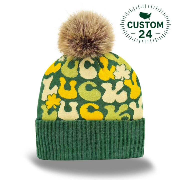 Lucky Letter Knit Beanie with Shamrock Pattern Cozy Pom Pom Hat