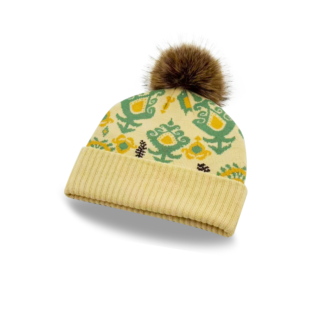 Yellow Green Knit Pom Beanie – Cozy Winter Hat with Nordic Floral Pattern
