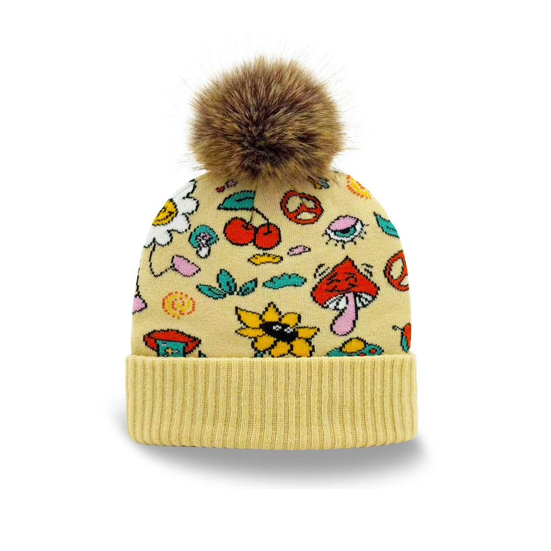 Yellow Knit Pom Beanie – Retro Floral Mushroom Pattern Warm Winter Hat