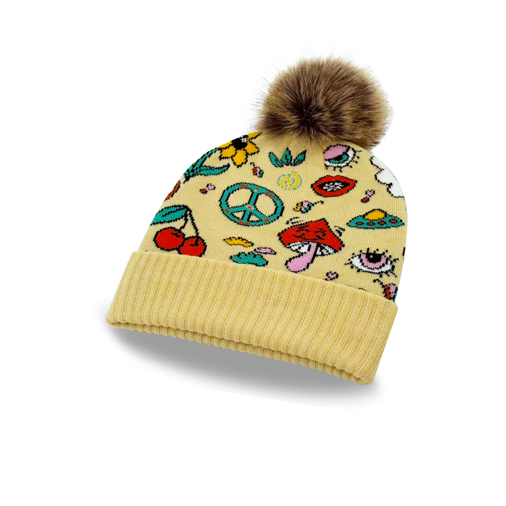Yellow Knit Pom Beanie – Retro Floral Mushroom Pattern Warm Winter Hat
