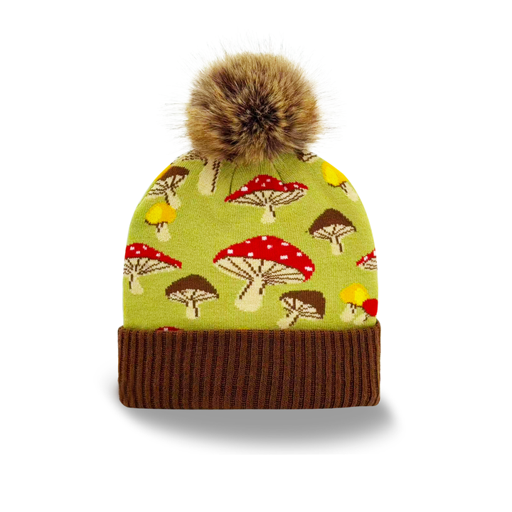 Green Knit Pom Beanie – Retro Mushroom Pattern Cozy Warm Winter Hat
