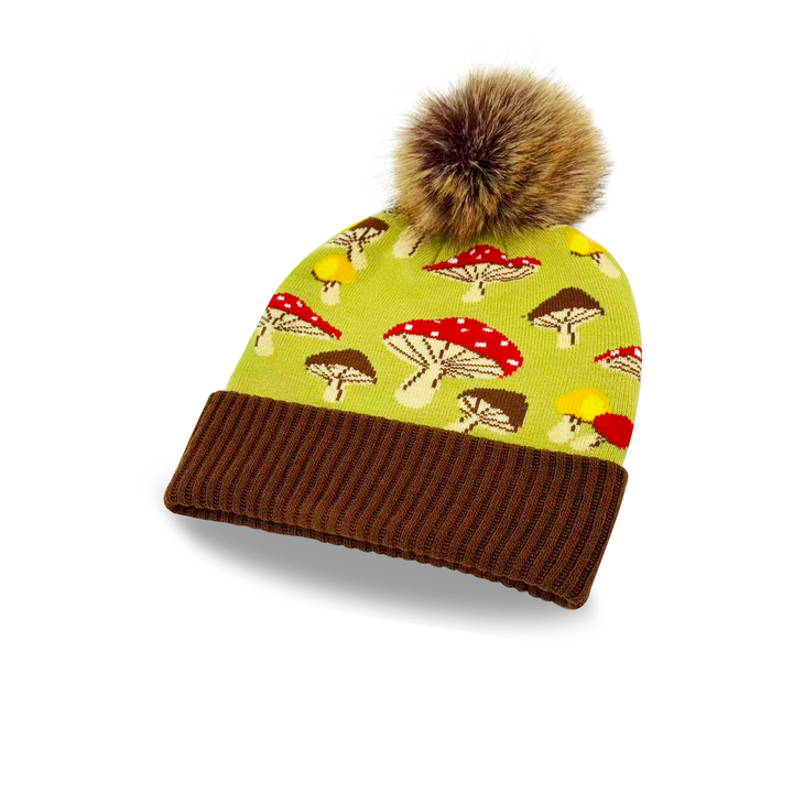 Green Knit Pom Beanie – Retro Mushroom Pattern Cozy Warm Winter Hat