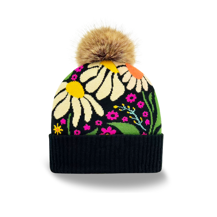 Black Knit Pom Beanie – Bold Daisy Floral Pattern Warm Winter Hat