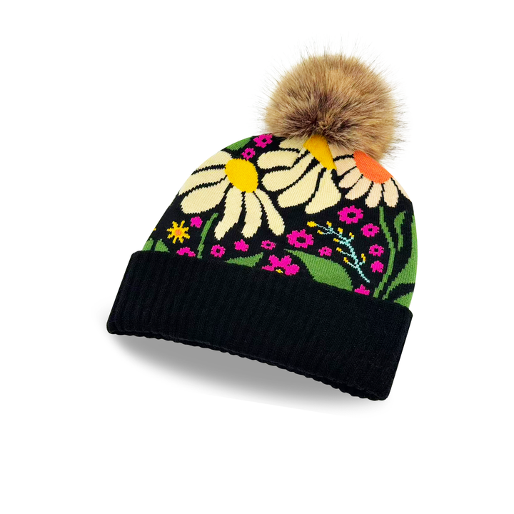 Black Knit Pom Beanie – Bold Daisy Floral Pattern Warm Winter Hat