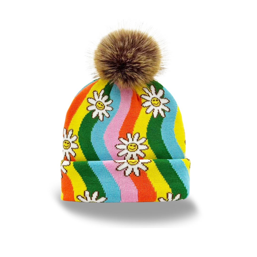 Rainbow Knit Pom Beanie – Smiley Daisy Flower Pattern Colorful Winter Hat