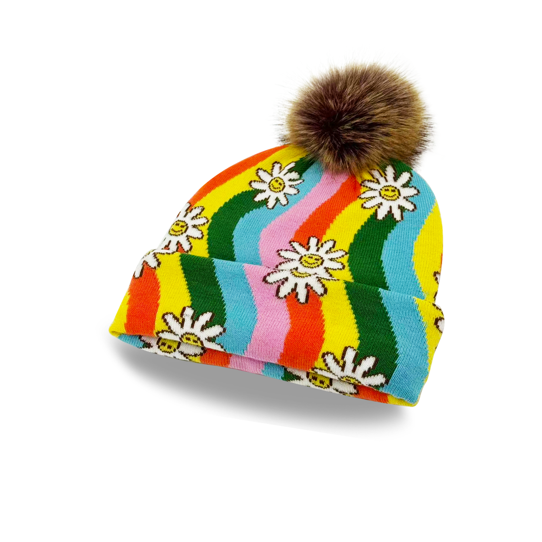 Rainbow Knit Pom Beanie – Smiley Daisy Flower Pattern Colorful Winter Hat