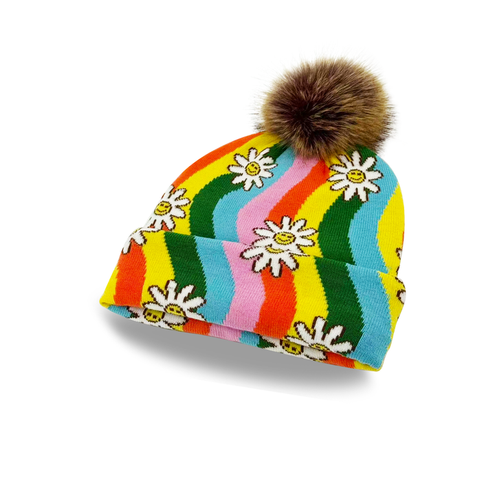 Rainbow Knit Pom Beanie – Smiley Daisy Flower Pattern Colorful Winter Hat