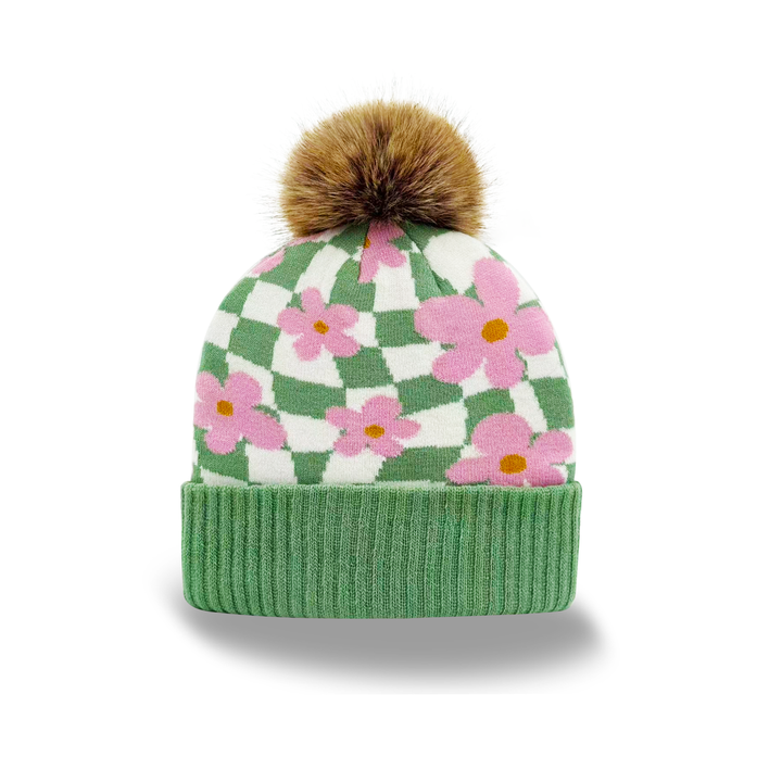 Green Knit Pom Beanie – Retro Pink Flower Checkerboard Pattern Warm Winter Hat