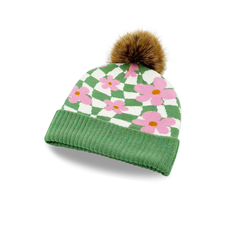 Green Knit Pom Beanie – Retro Pink Flower Checkerboard Pattern Warm Winter Hat