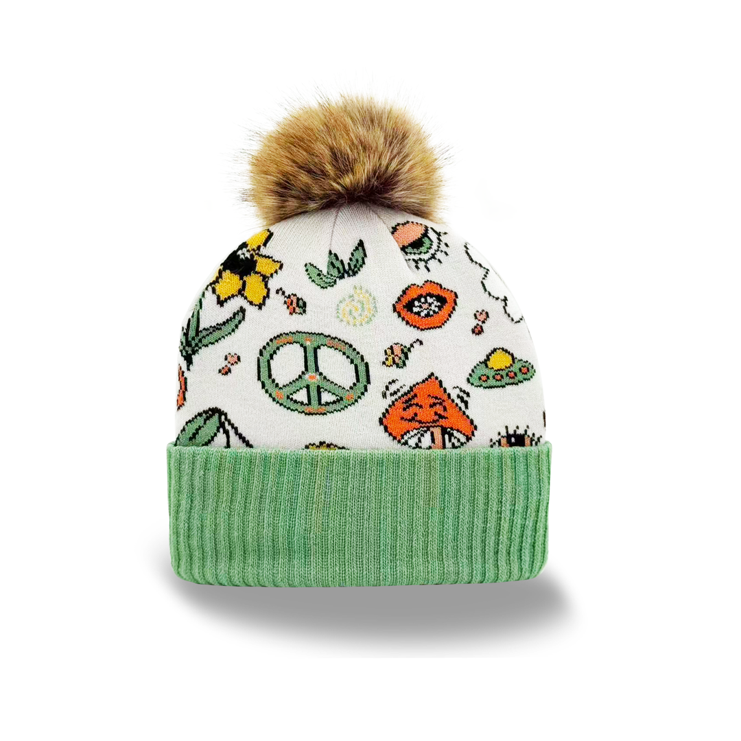 White Knit Pom Beanie – Retro Peace Sign Flower Mushroom Pattern Warm Winter Hat