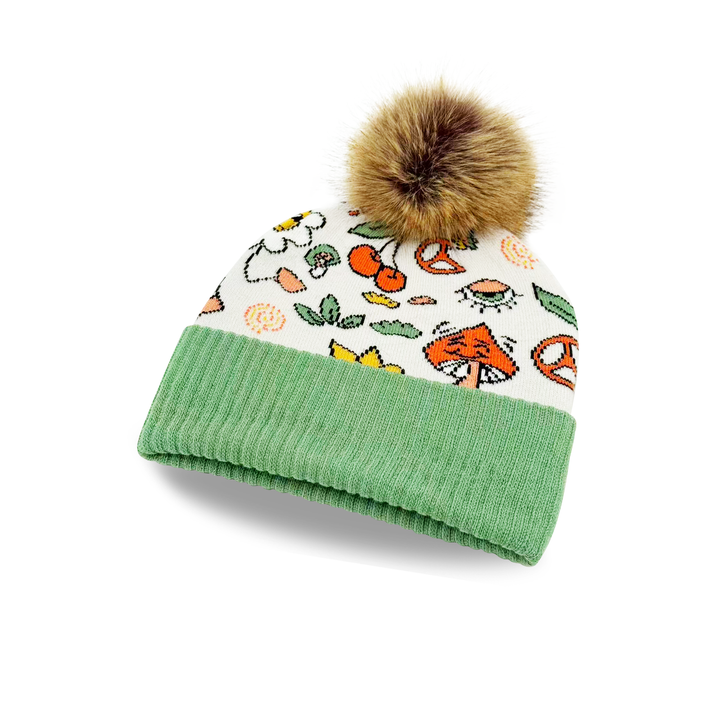 White Knit Pom Beanie – Retro Peace Sign Flower Mushroom Pattern Warm Winter Hat