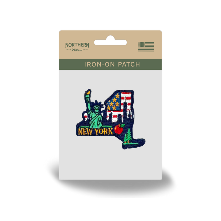 New York State Embroidered Patch with Statue of Liberty Skyline Apple Design