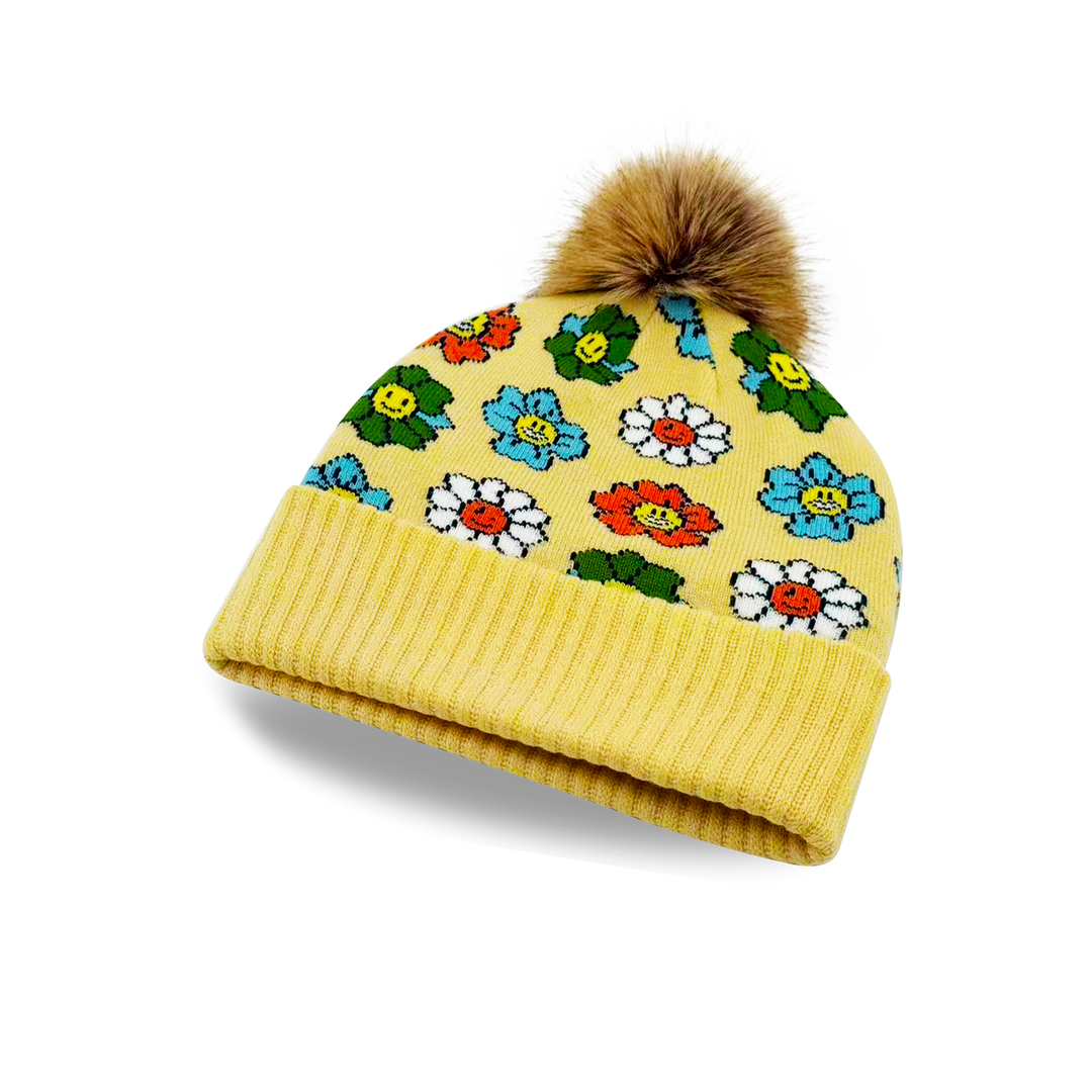 Smiley Flower Knit Beanie with Colorful Pattern Cozy Pom Pom Hat