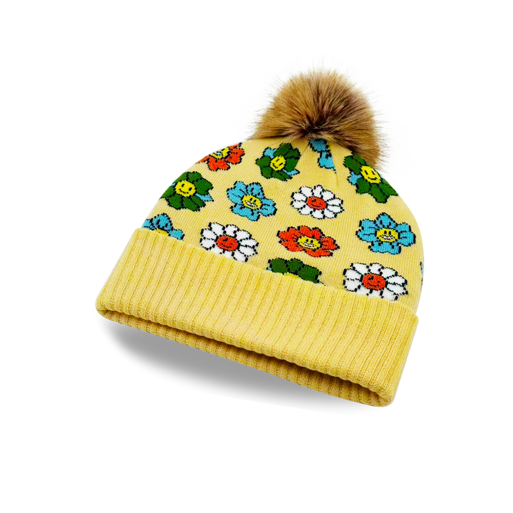 Smiley Flower Knit Beanie with Colorful Pattern Cozy Pom Pom Hat