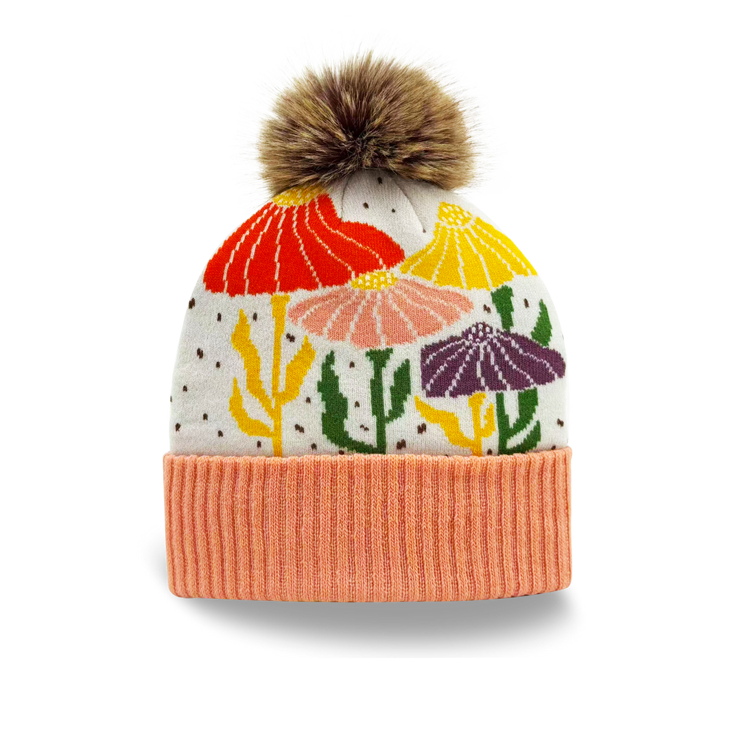 Colorful Floral Knit Beanie with Artistic Pattern Cozy Pom Pom Hat