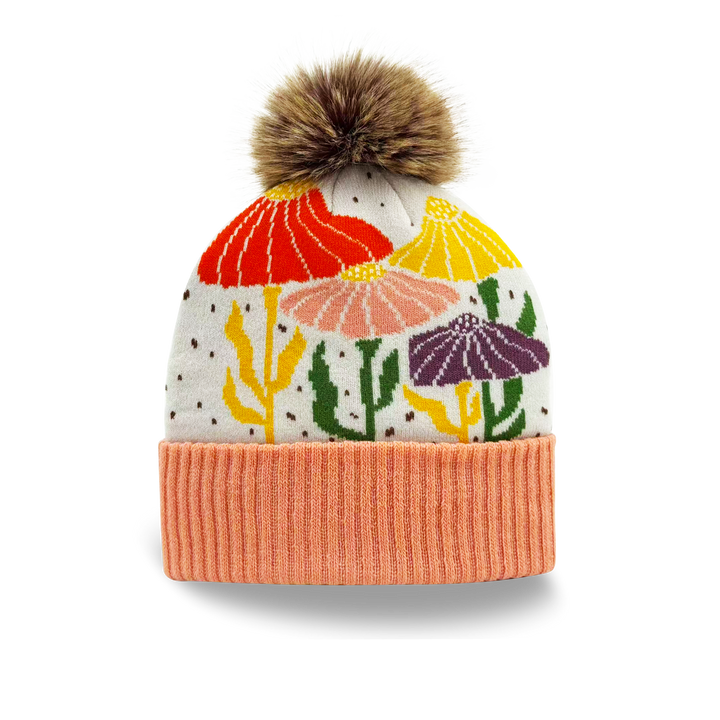 Colorful Floral Knit Beanie with Artistic Pattern Cozy Pom Pom Hat