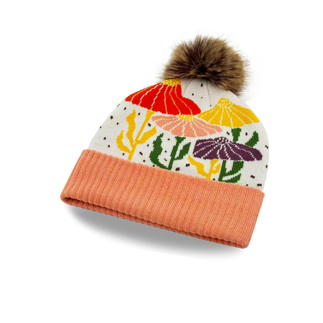 Colorful Floral Knit Beanie with Artistic Pattern Cozy Pom Pom Hat