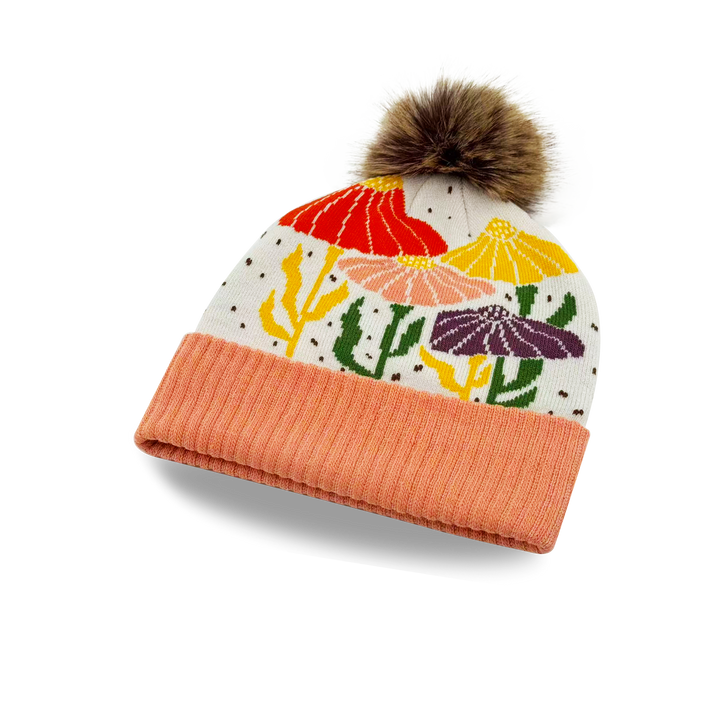 Colorful Floral Knit Beanie with Artistic Pattern Cozy Pom Pom Hat