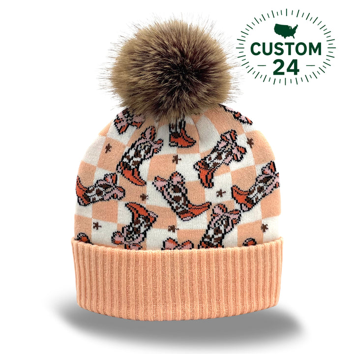 Cowgirl Boots Jacquard Pom Beanie | Family Matching Buffalo Plaid Winter Knit Beanie with Faux Fur Pom