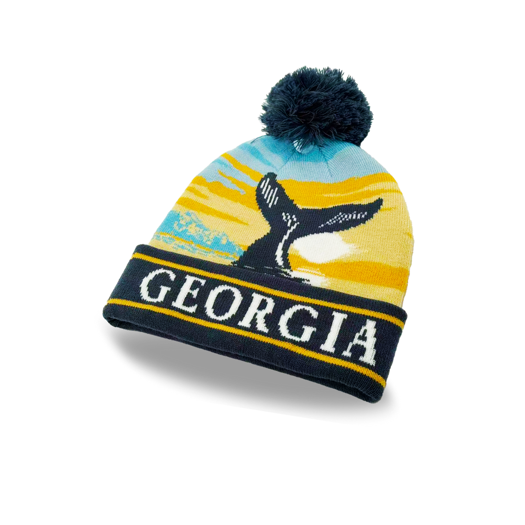 Georgia Whale Tail Sunset Knit Beanie with Coastal Scenery