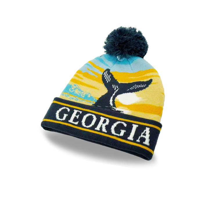 Georgia Whale Tail Sunset Knit Beanie with Coastal Scenery