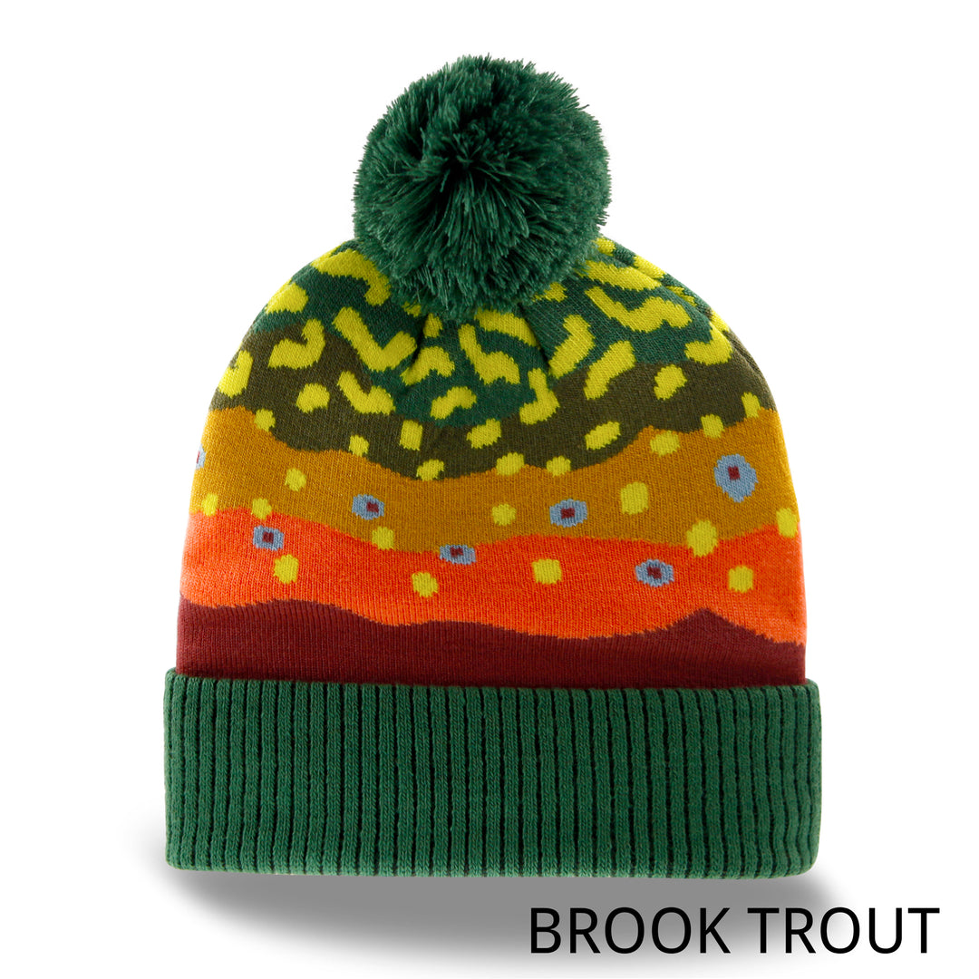 Trout Pattern Knit Beanie Hat with Pom | Speckled Fishing Outdoor Ribbed Cuffed Winter Cap