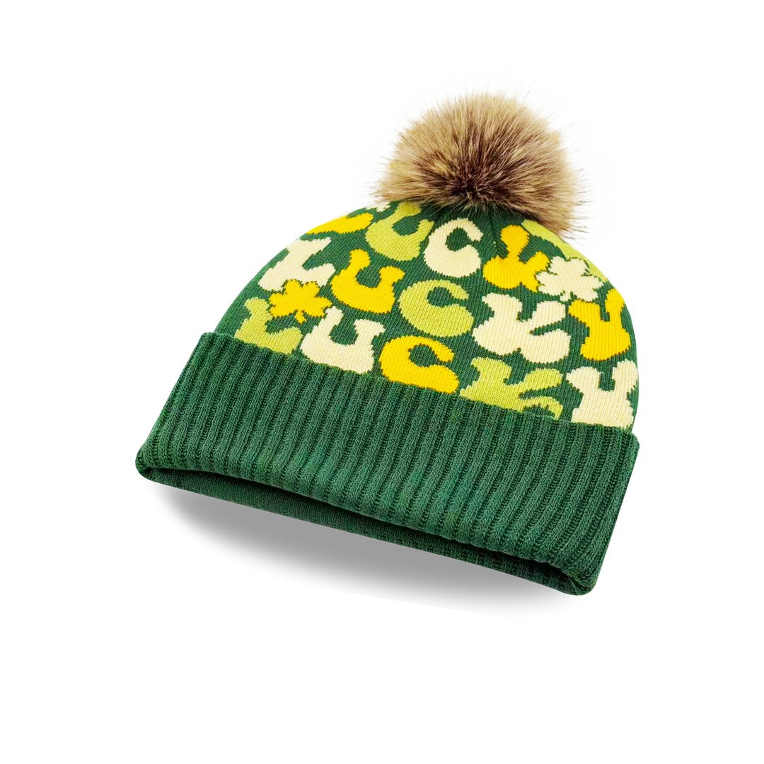 Lucky Letter Knit Beanie with Shamrock Pattern Cozy Pom Pom Hat
