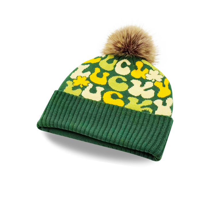 Lucky Letter Knit Beanie with Shamrock Pattern Cozy Pom Pom Hat