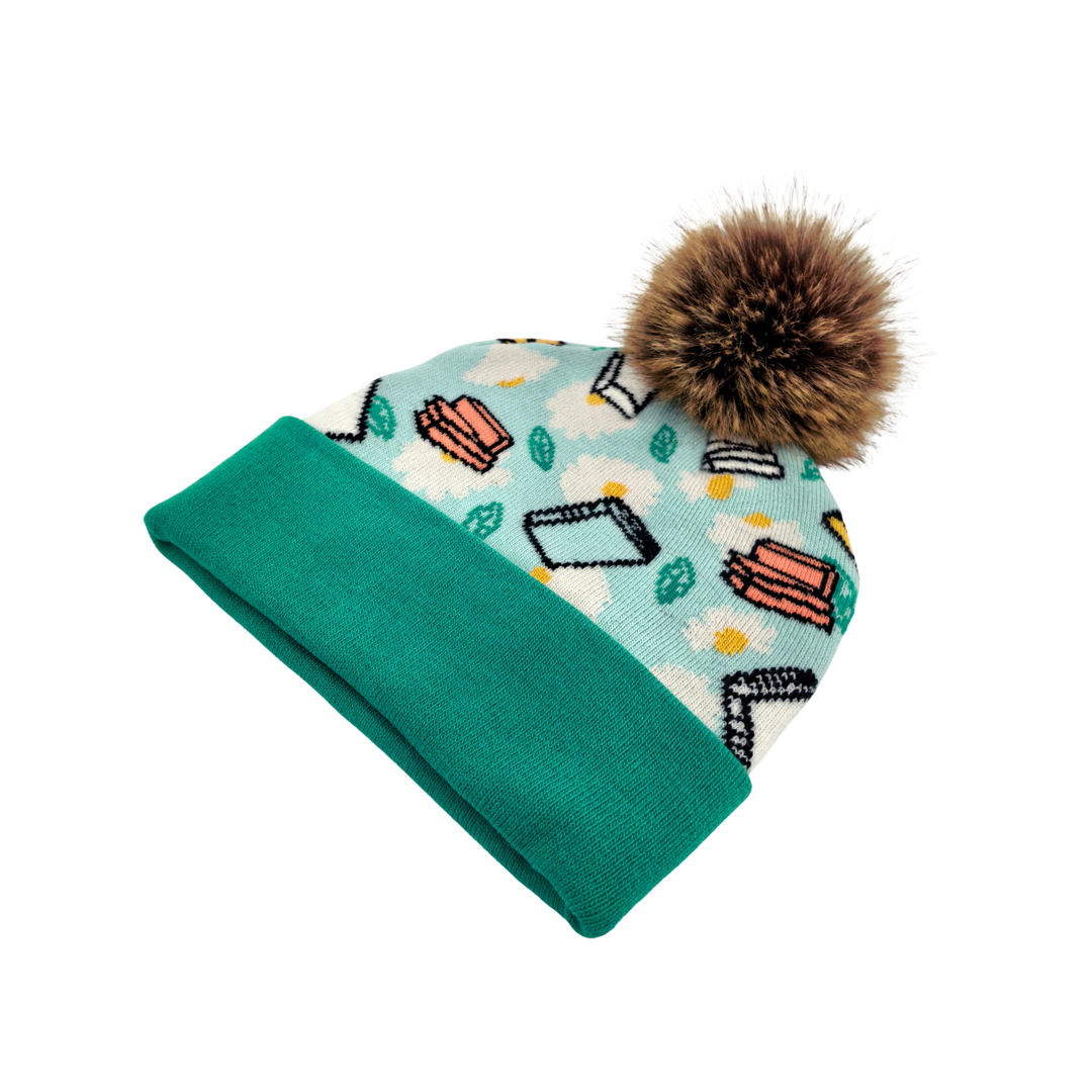 Book Lover Floral Pom Knit Beanie | Cozy Winter Gift Hat for Readers