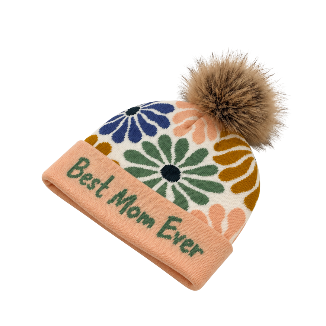 Best Mom Ever Floral Pom Knit Beanie | Heartfelt Mother’s Day Gift Hat